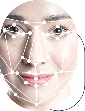 AI-generated avatar face with facial-recognition mesh